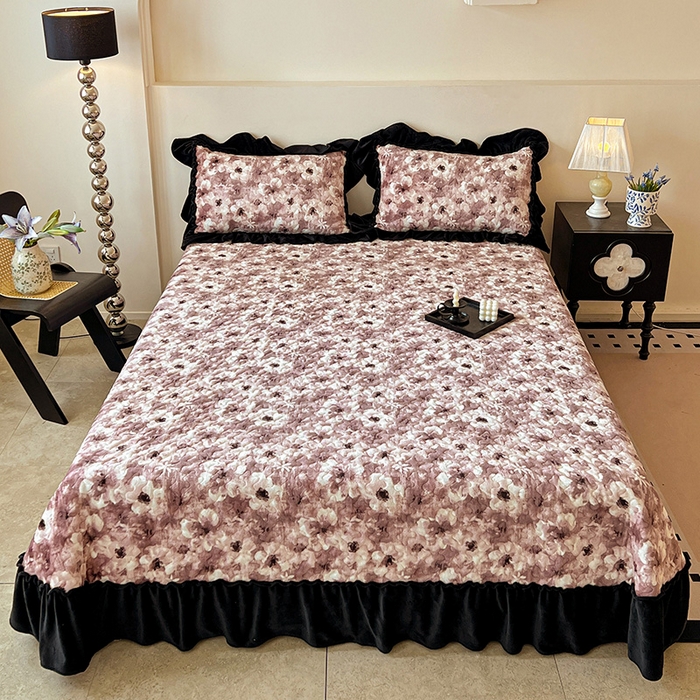 鹿辉家居（原吉欧力） 2025新款牛奶绒赫本风夹棉床盖三件套 樱花-粉