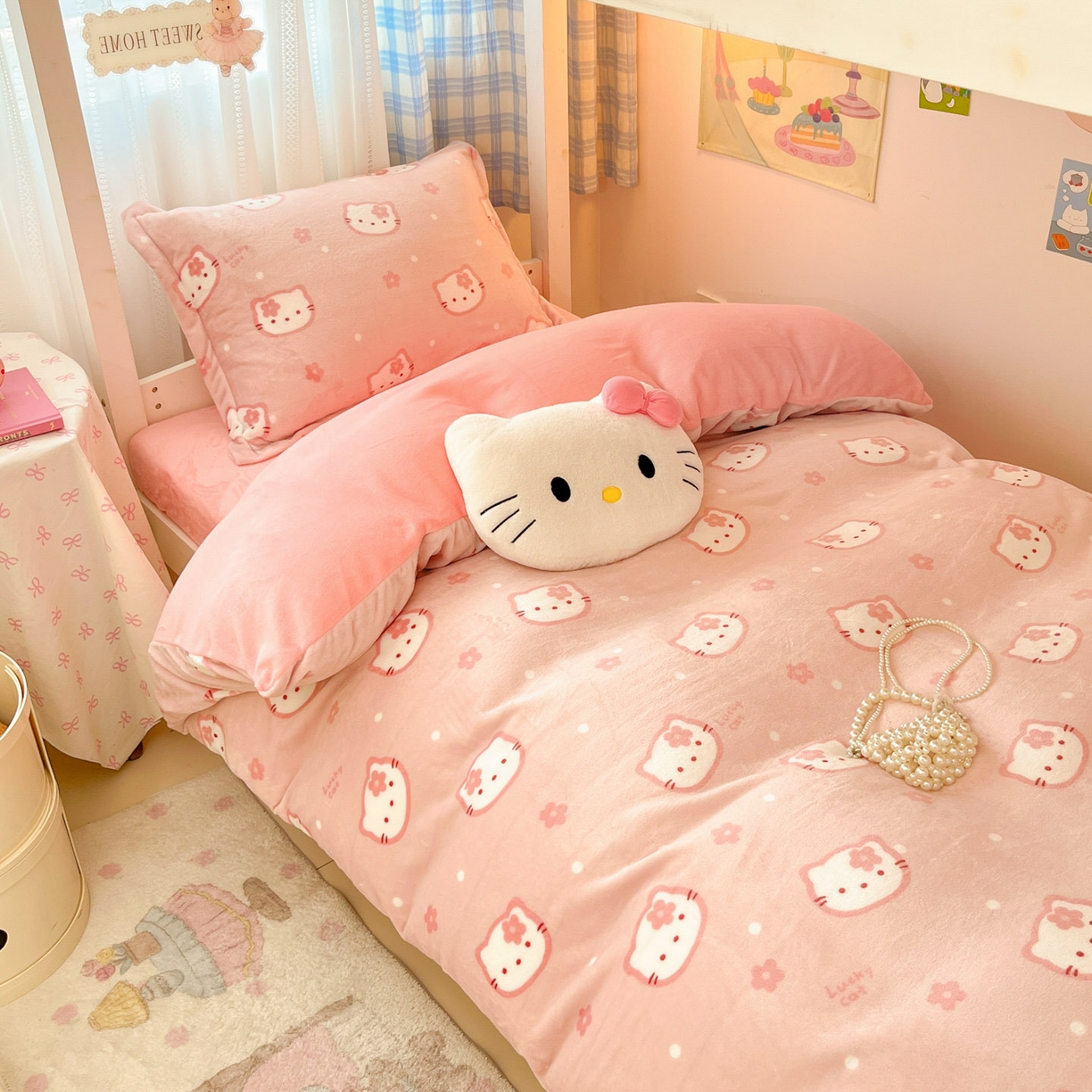 91家纺网 家纺一手货源 找家纺 川悦生活 2025新款加厚保暖高克重牛奶绒宿舍三件套 少女喵喵