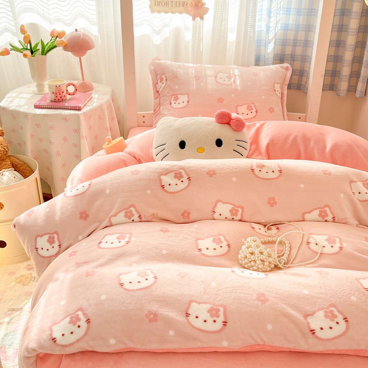 91家纺网 家纺一手货源 找家纺 川悦生活 2025新款加厚保暖高克重牛奶绒宿舍三件套 少女喵喵