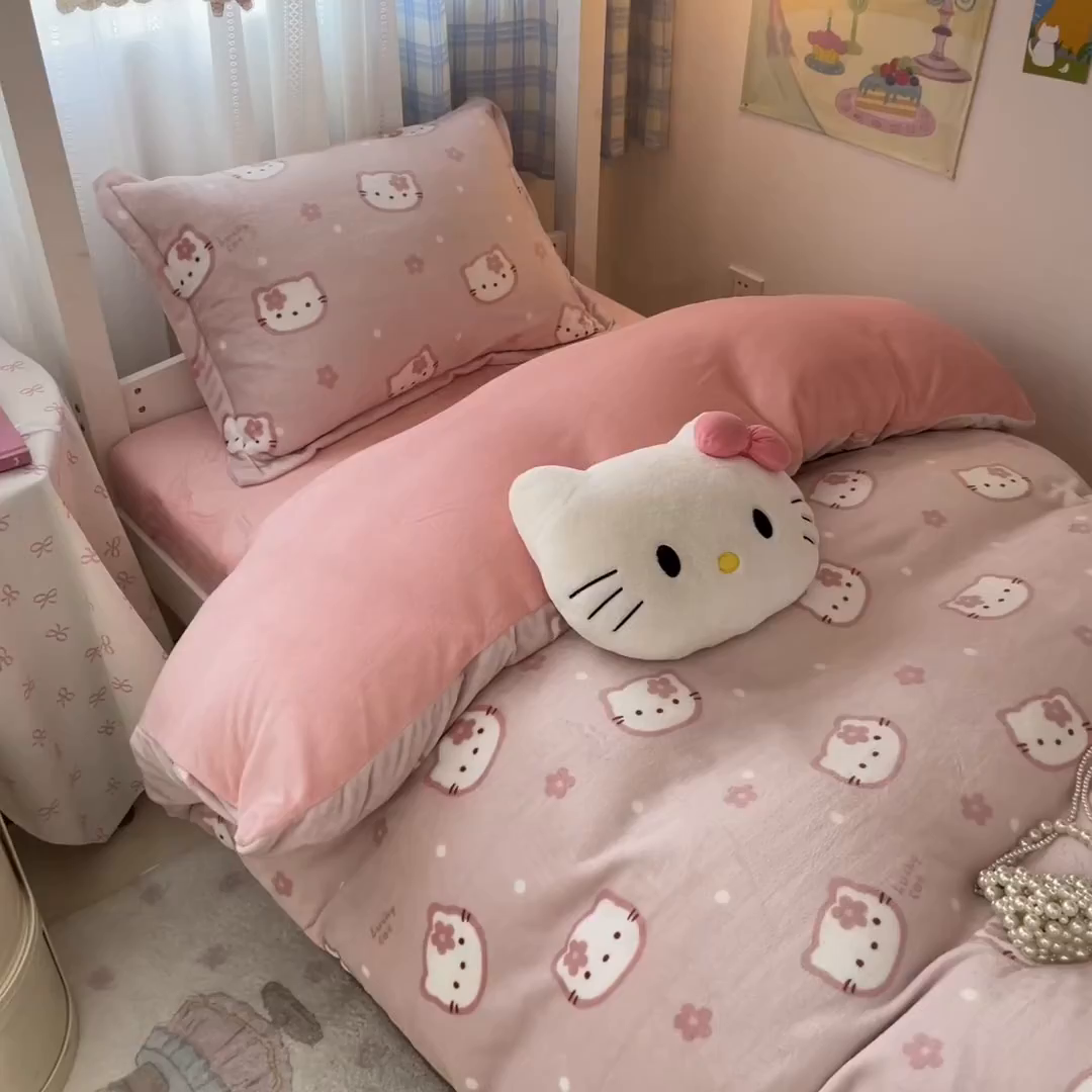 91家纺网 家纺一手货源 找家纺 川悦生活 2025新款加厚保暖高克重牛奶绒宿舍三件套 少女喵喵