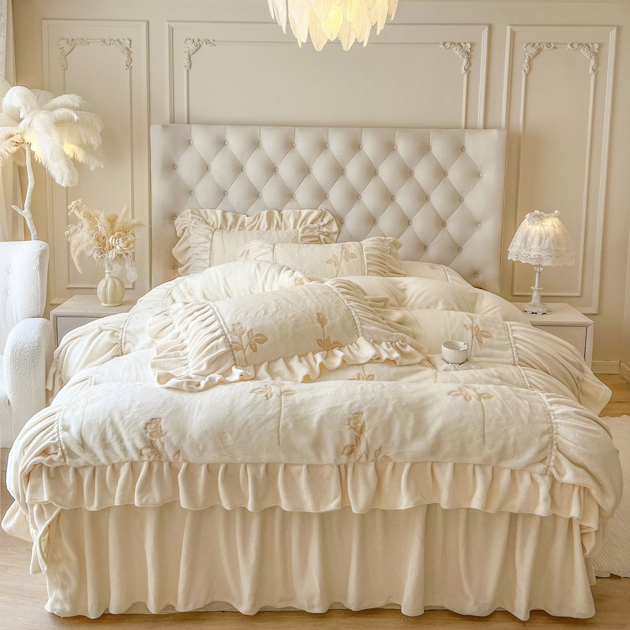 91家纺网 家纺一手货源 找家纺 （总）亲亲公主 2025新款加厚高克重牛奶绒法式公主风四件套-热恋玫瑰