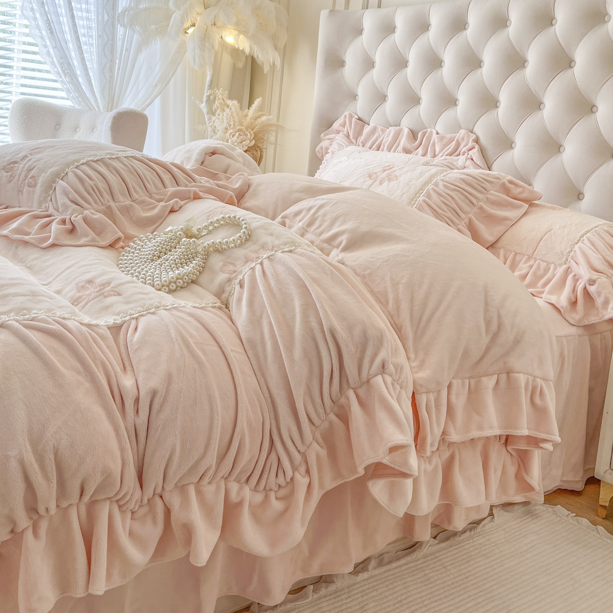 91家纺网 家纺一手货源 找家纺 （总）亲亲公主 2025新款加厚高克重牛奶绒法式公主风四件套-热恋玫瑰