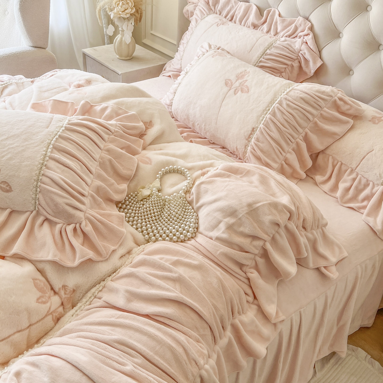 91家纺网 家纺一手货源 找家纺 （总）亲亲公主 2025新款加厚高克重牛奶绒法式公主风四件套-热恋玫瑰