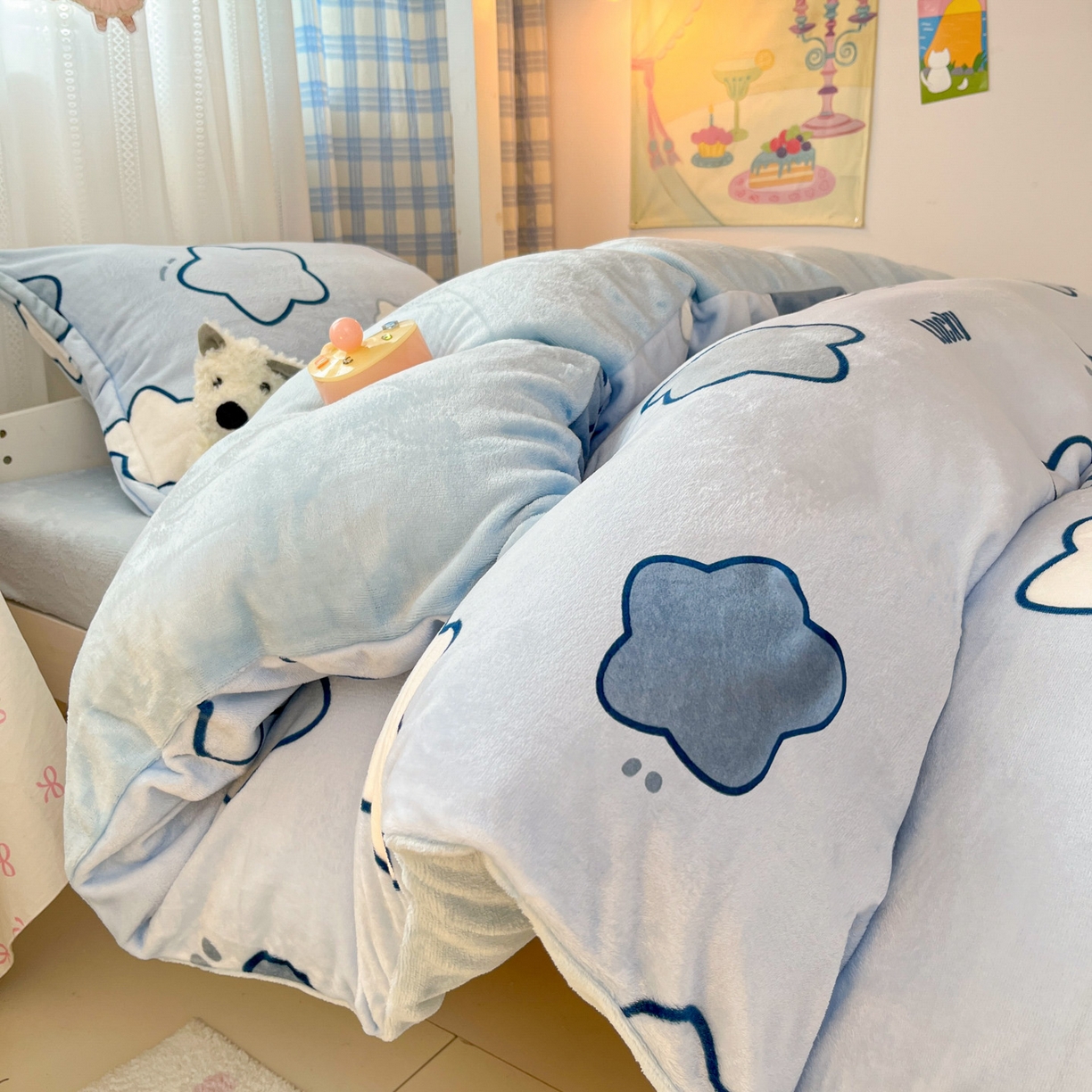 川悦生活 2025新款加厚保暖高克重牛奶绒宿舍三件套 天空星系