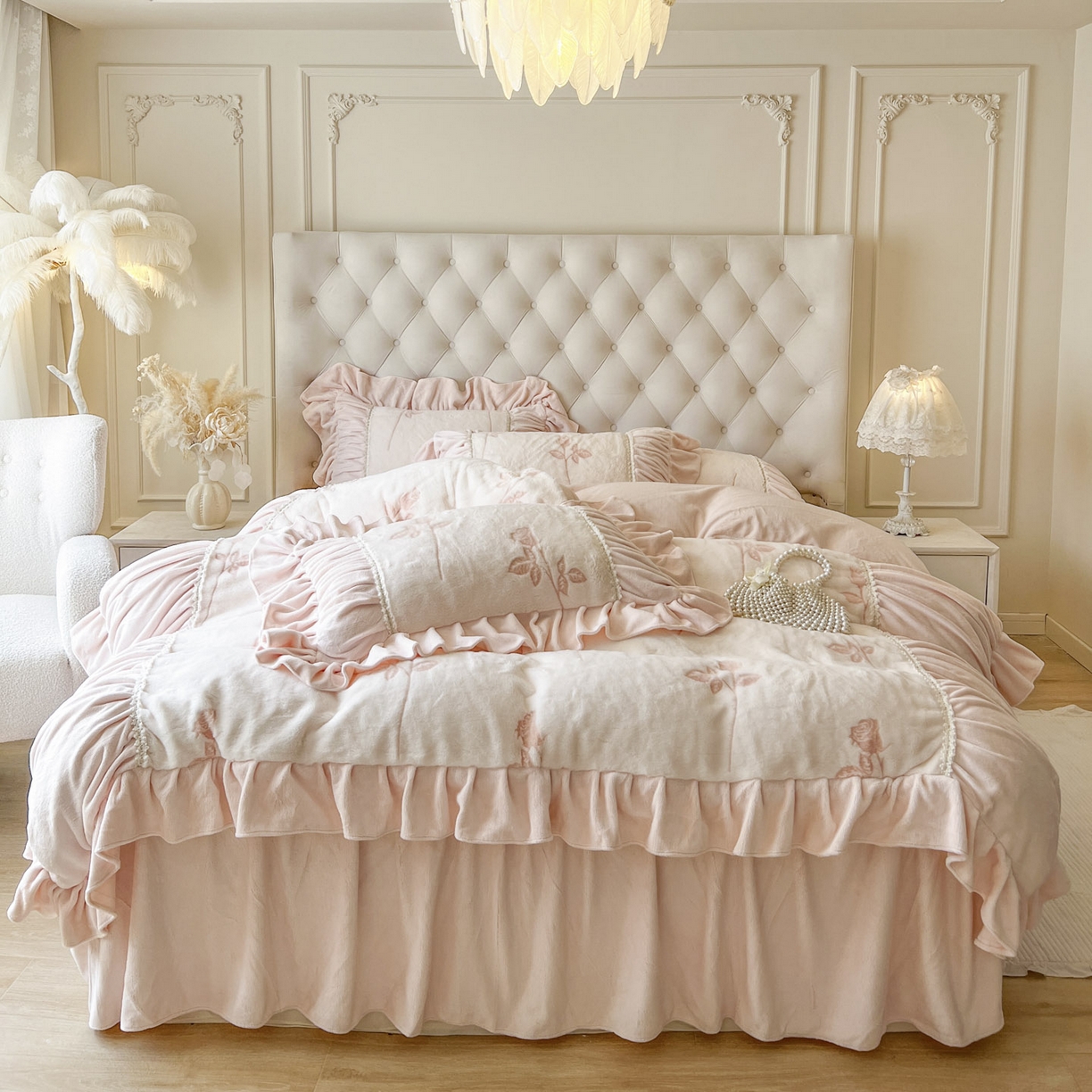 亲亲公主 2025新款加厚高克重牛奶绒法式公主风四件套-热恋玫瑰 粉玉