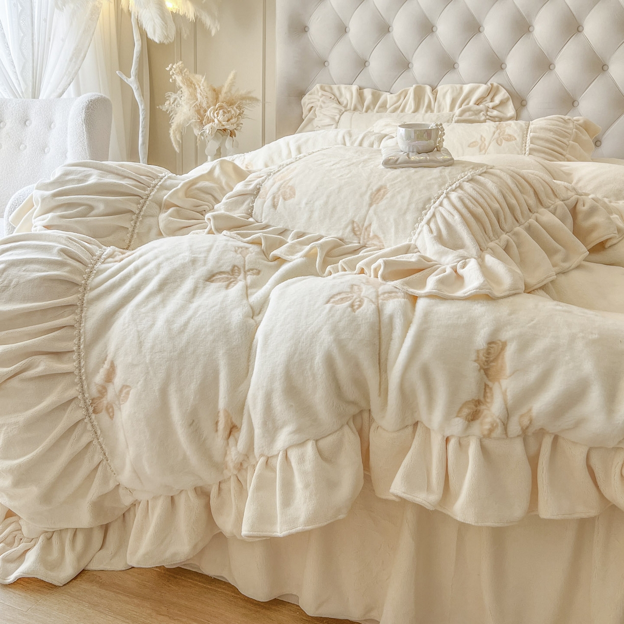 91家纺网 家纺一手货源 找家纺 亲亲公主 2025新款加厚高克重牛奶绒法式公主风四件套-热恋玫瑰 奶白