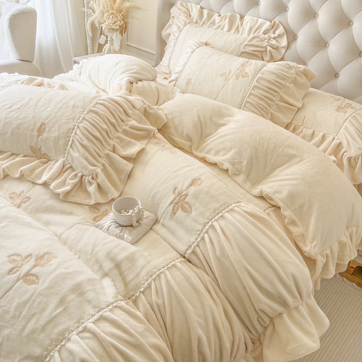 91家纺网 家纺一手货源 找家纺 亲亲公主 2025新款加厚高克重牛奶绒法式公主风四件套-热恋玫瑰 奶白