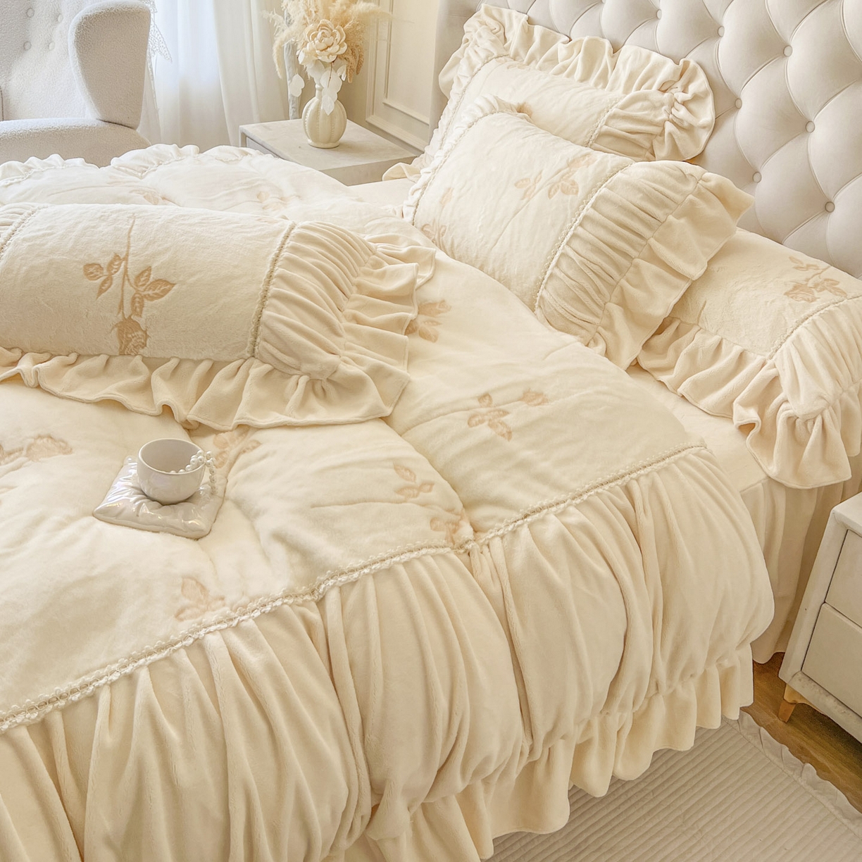 91家纺网 家纺一手货源 找家纺 亲亲公主 2025新款加厚高克重牛奶绒法式公主风四件套-热恋玫瑰 奶白