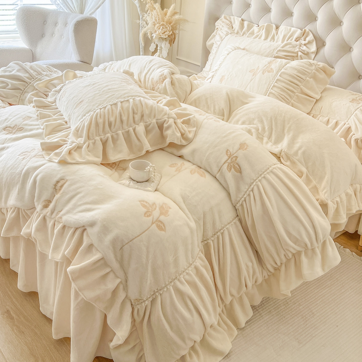 91家纺网 家纺一手货源 找家纺 亲亲公主 2025新款加厚高克重牛奶绒法式公主风四件套-热恋玫瑰 奶白