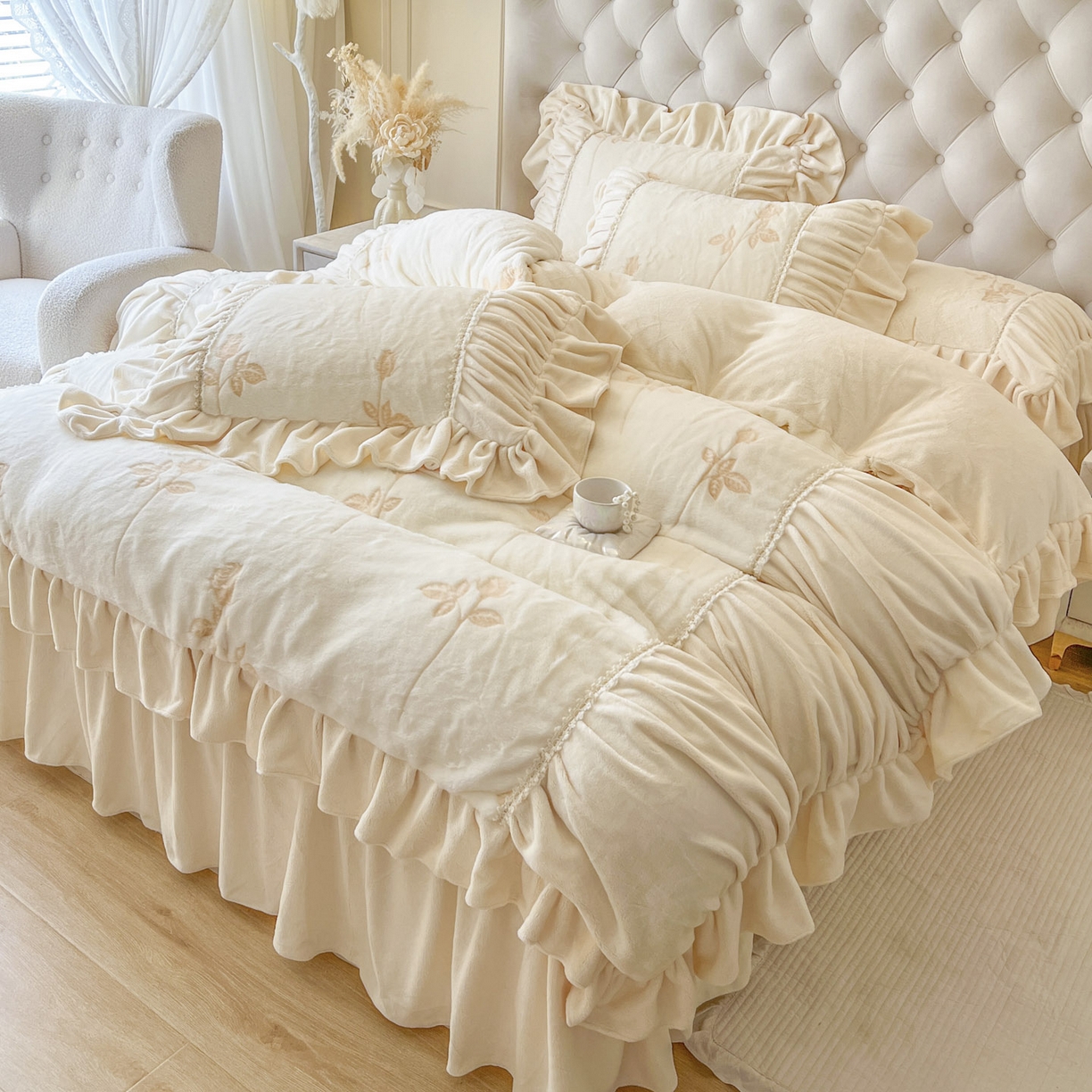 91家纺网 家纺一手货源 找家纺 亲亲公主 2025新款加厚高克重牛奶绒法式公主风四件套-热恋玫瑰 奶白