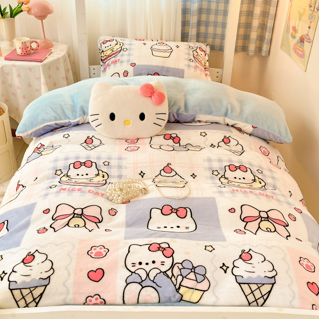 91家纺网 家纺一手货源 找家纺 川悦生活 2025新款加厚保暖高克重牛奶绒宿舍三件套 甜茶小猫