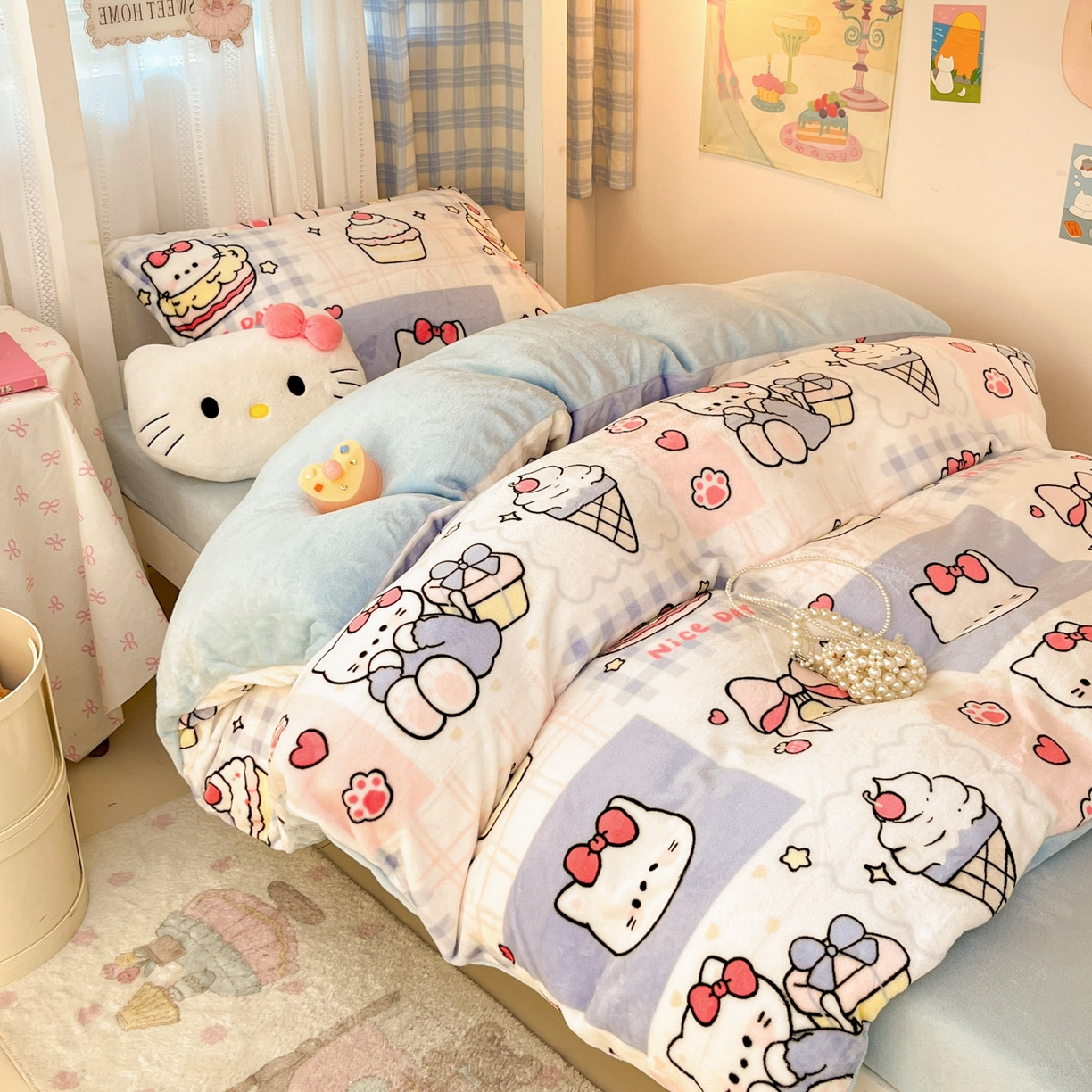 91家纺网 家纺一手货源 找家纺 川悦生活 2025新款加厚保暖高克重牛奶绒宿舍三件套 甜茶小猫