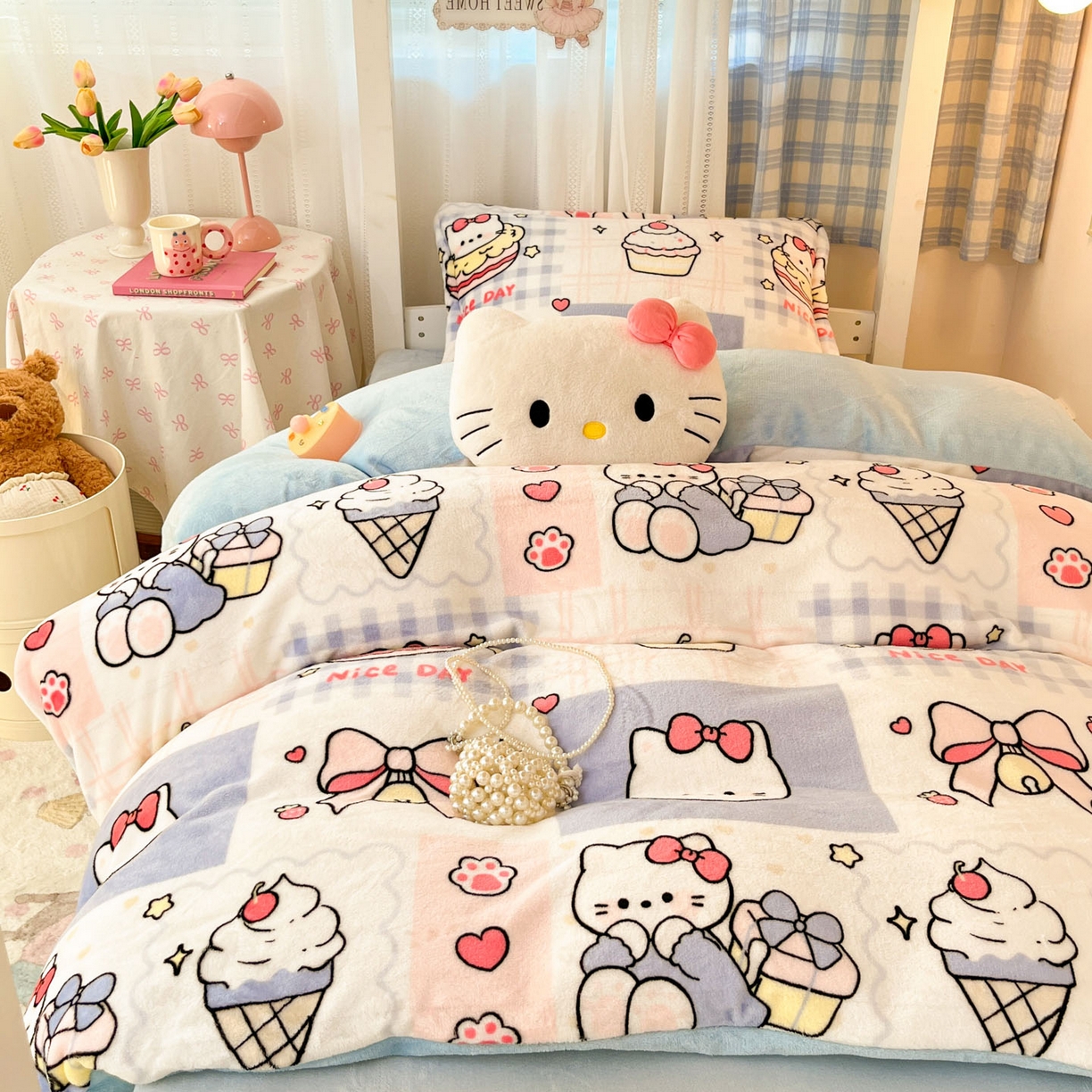 91家纺网 家纺一手货源 找家纺 川悦生活 2025新款加厚保暖高克重牛奶绒宿舍三件套 甜茶小猫