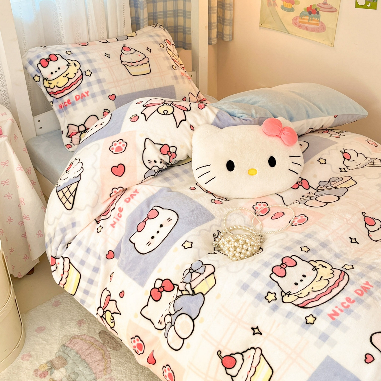 91家纺网 家纺一手货源 找家纺 川悦生活 2025新款加厚保暖高克重牛奶绒宿舍三件套 甜茶小猫