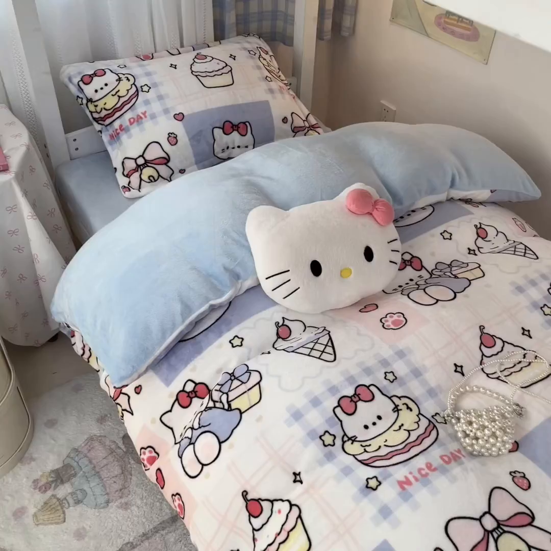 91家纺网 家纺一手货源 找家纺 川悦生活 2025新款加厚保暖高克重牛奶绒宿舍三件套 甜茶小猫