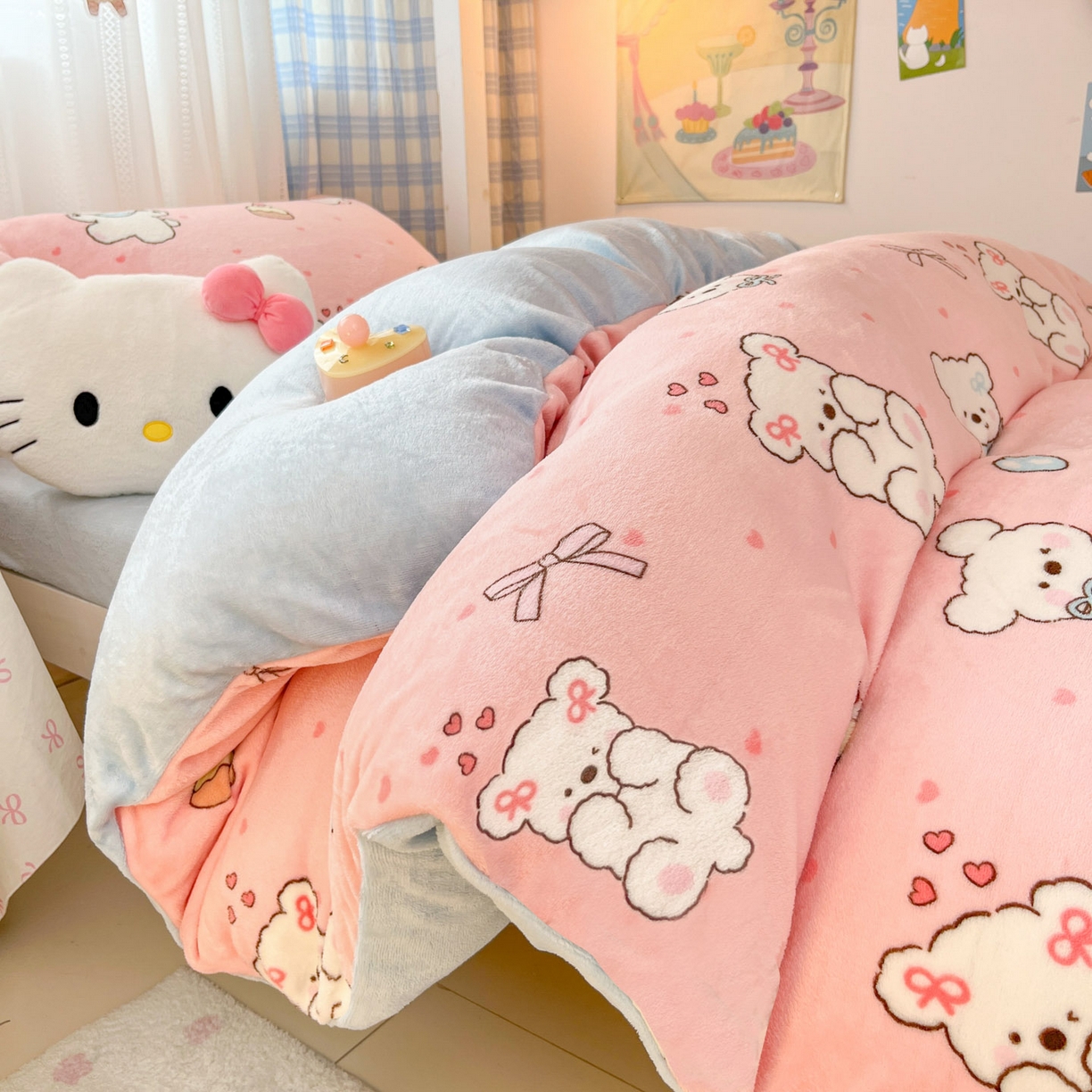 川悦生活 2025新款加厚保暖高克重牛奶绒宿舍三件套 甜蜜小狗蓝