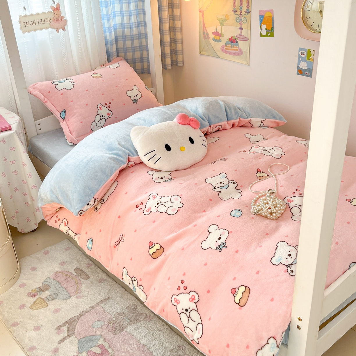 91家纺网 家纺一手货源 找家纺 川悦生活 2025新款加厚保暖高克重牛奶绒宿舍三件套 甜蜜小狗蓝