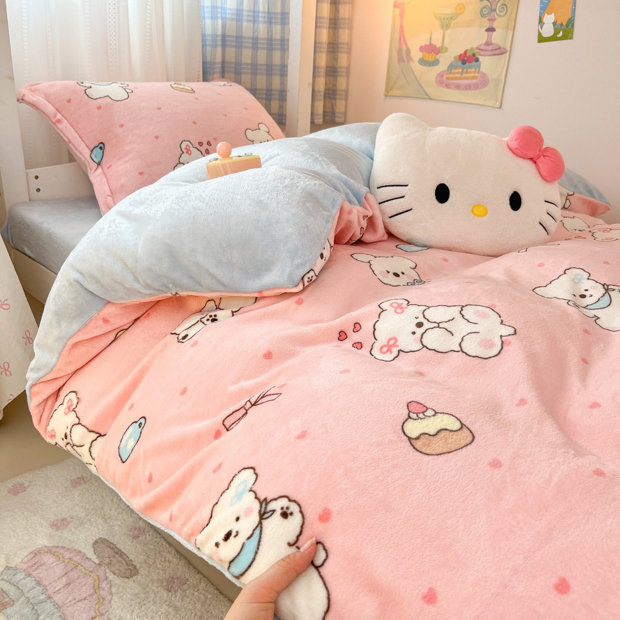 91家纺网 家纺一手货源 找家纺 川悦生活 2025新款加厚保暖高克重牛奶绒宿舍三件套 甜蜜小狗蓝