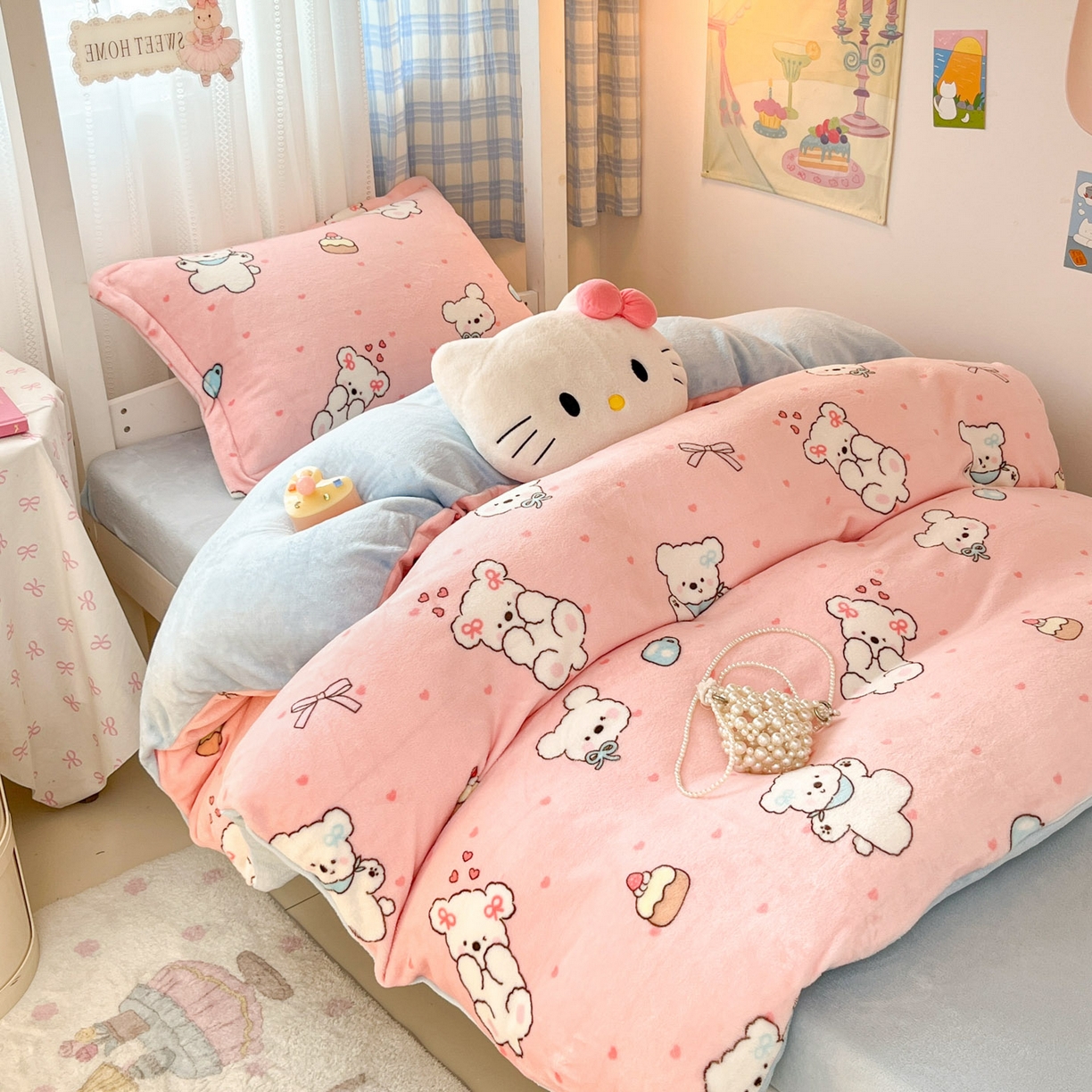 91家纺网 家纺一手货源 找家纺 川悦生活 2025新款加厚保暖高克重牛奶绒宿舍三件套 甜蜜小狗蓝