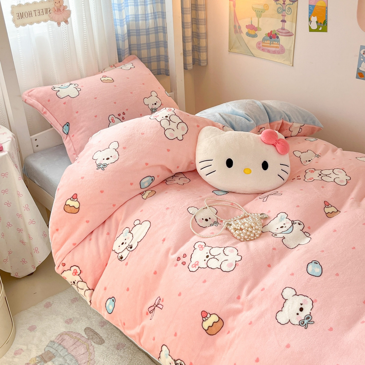 91家纺网 家纺一手货源 找家纺 川悦生活 2025新款加厚保暖高克重牛奶绒宿舍三件套 甜蜜小狗蓝