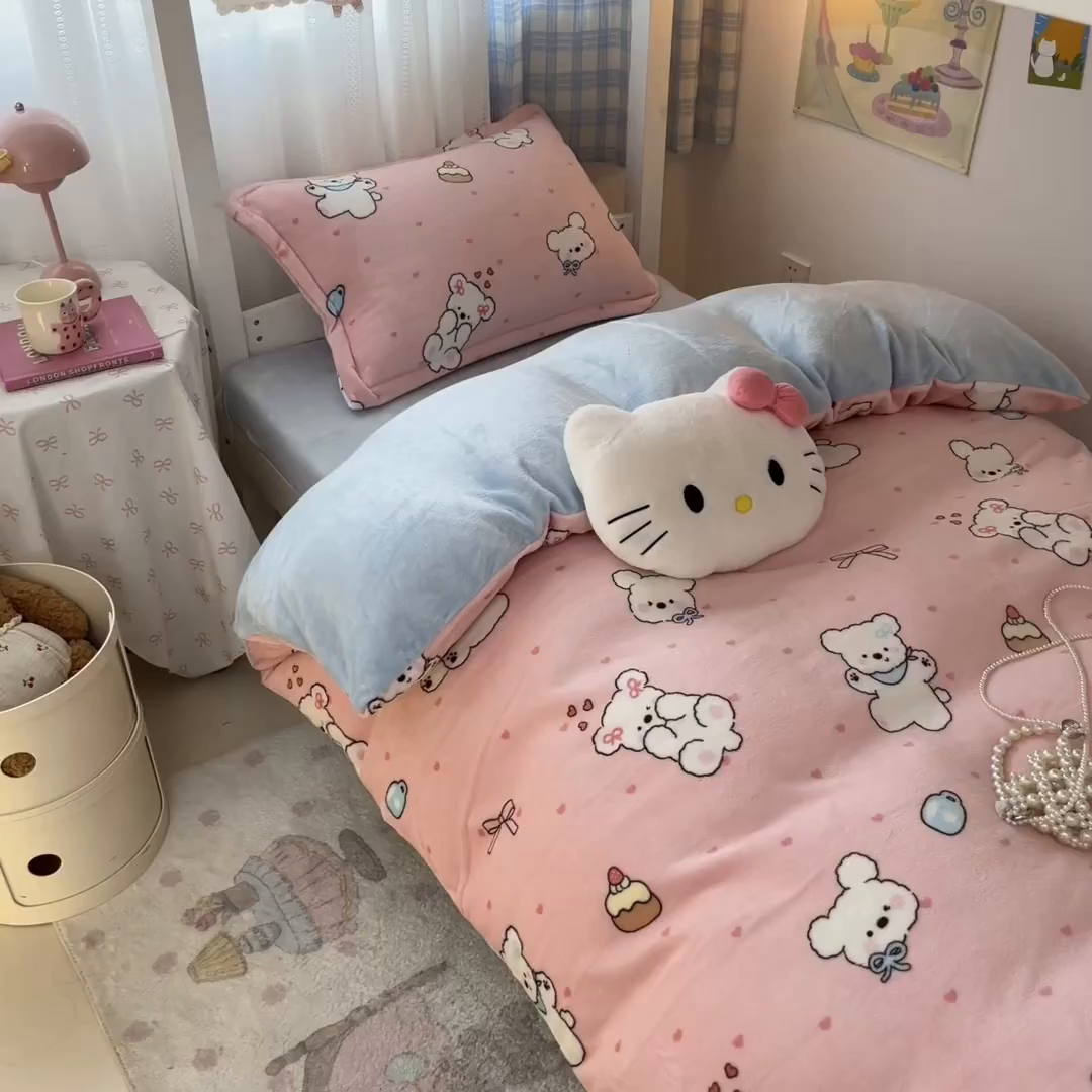 91家纺网 家纺一手货源 找家纺 川悦生活 2025新款加厚保暖高克重牛奶绒宿舍三件套 甜蜜小狗蓝