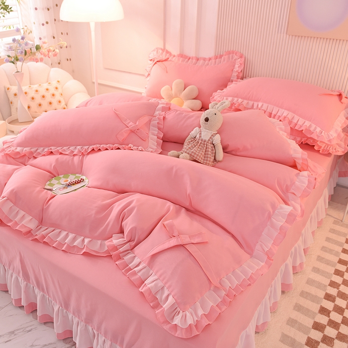 91家纺网 家纺一手货源 找家纺 后庭寝室 2025新款公主风亲肤磨毛蝴蝶结四件套-爱巢 爱巢-玉色