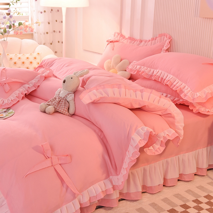 91家纺网 家纺一手货源 找家纺 后庭寝室 2025新款公主风亲肤磨毛蝴蝶结四件套-爱巢 爱巢-玉色