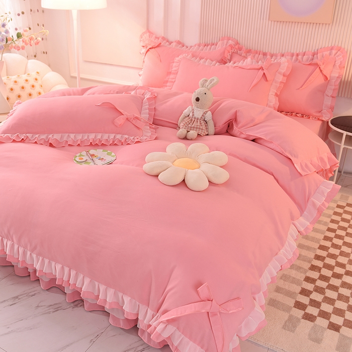 91家纺网 家纺一手货源 找家纺 后庭寝室 2025新款公主风亲肤磨毛蝴蝶结四件套-爱巢 爱巢-玉色