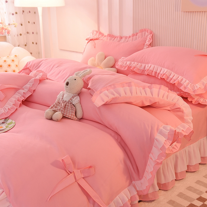 91家纺网 家纺一手货源 找家纺 后庭寝室 2025新款公主风亲肤磨毛蝴蝶结四件套-爱巢 爱巢-玉色