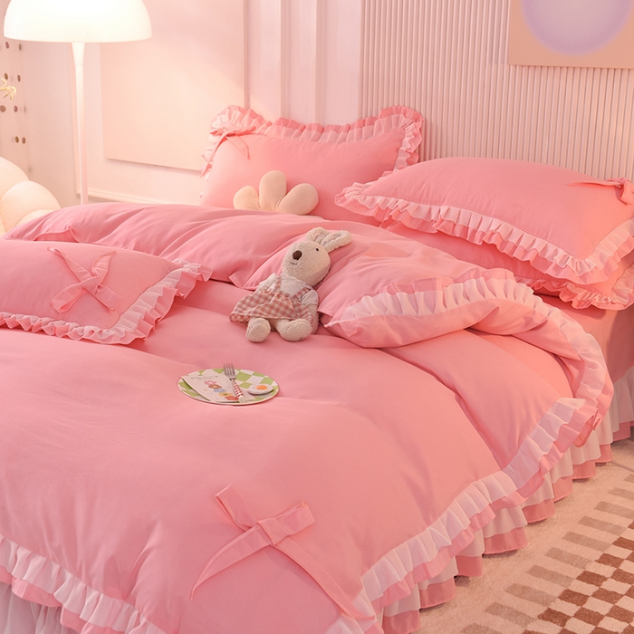 91家纺网 家纺一手货源 找家纺 后庭寝室 2025新款公主风亲肤磨毛蝴蝶结四件套-爱巢 爱巢-玉色