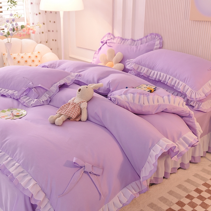 91家纺网 家纺一手货源 找家纺 后庭寝室 2025新款公主风亲肤磨毛蝴蝶结四件套-爱巢 爱巢-浅紫