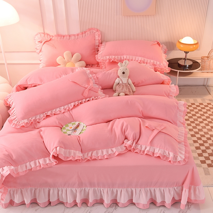 91家纺网 家纺一手货源 找家纺 后庭寝室 2025新款公主风亲肤磨毛蝴蝶结四件套-爱巢 爱巢-玉色