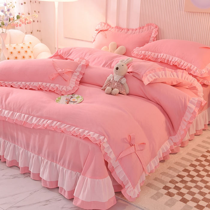 91家纺网 家纺一手货源 找家纺 后庭寝室 2025新款公主风亲肤磨毛蝴蝶结四件套-爱巢 爱巢-玉色