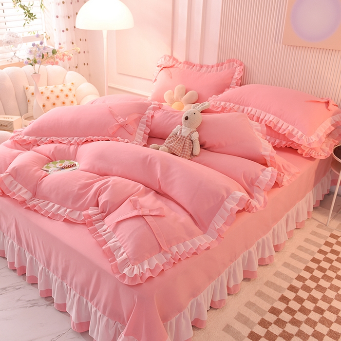 91家纺网 家纺一手货源 找家纺 后庭寝室 2025新款公主风亲肤磨毛蝴蝶结四件套-爱巢 爱巢-玉色