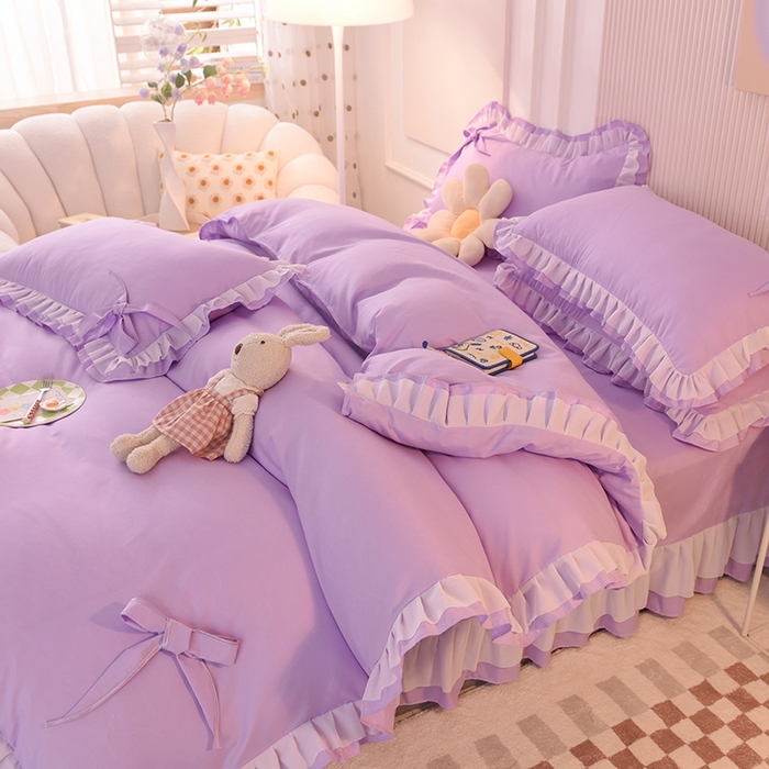 91家纺网 家纺一手货源 找家纺 后庭寝室 2025新款公主风亲肤磨毛蝴蝶结四件套-爱巢 爱巢-浅紫