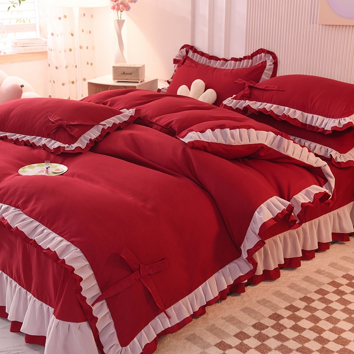 91家纺网 家纺一手货源 找家纺 后庭寝室 2025新款公主风亲肤磨毛蝴蝶结四件套-爱巢 爱巢-酒红