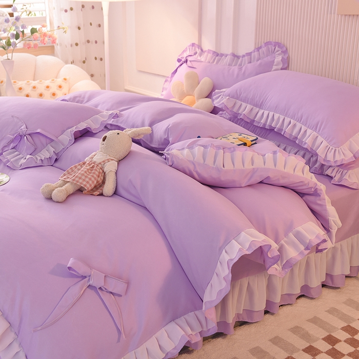 91家纺网 家纺一手货源 找家纺 后庭寝室 2025新款公主风亲肤磨毛蝴蝶结四件套-爱巢 爱巢-浅紫