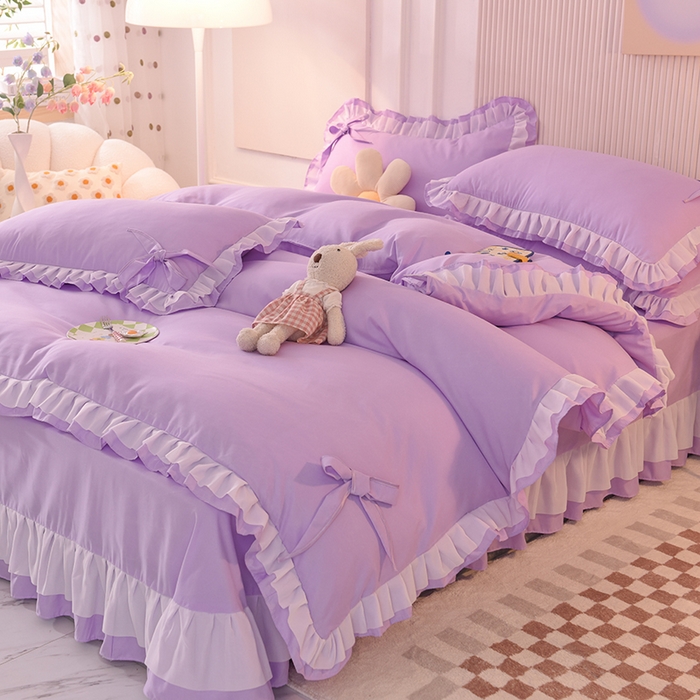 91家纺网 家纺一手货源 找家纺 后庭寝室 2025新款公主风亲肤磨毛蝴蝶结四件套-爱巢 爱巢-浅紫