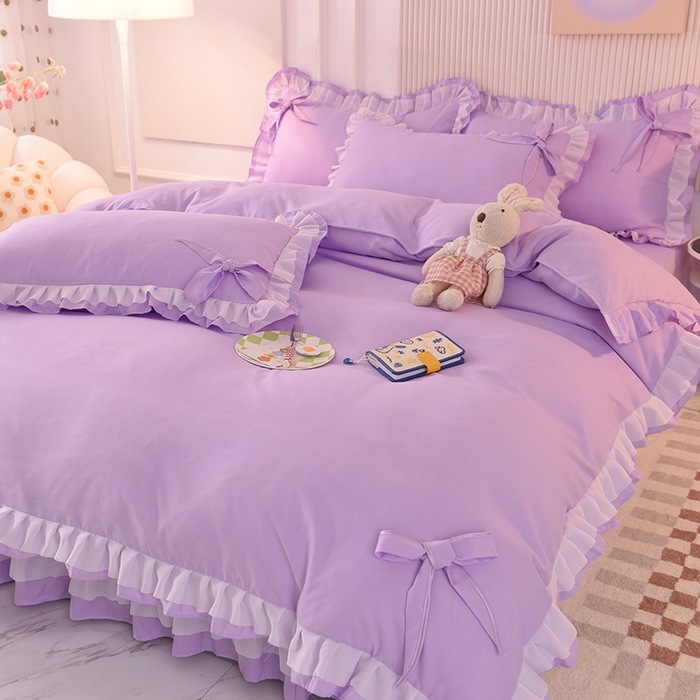 91家纺网 家纺一手货源 找家纺 后庭寝室 2025新款公主风亲肤磨毛蝴蝶结四件套-爱巢 爱巢-浅紫