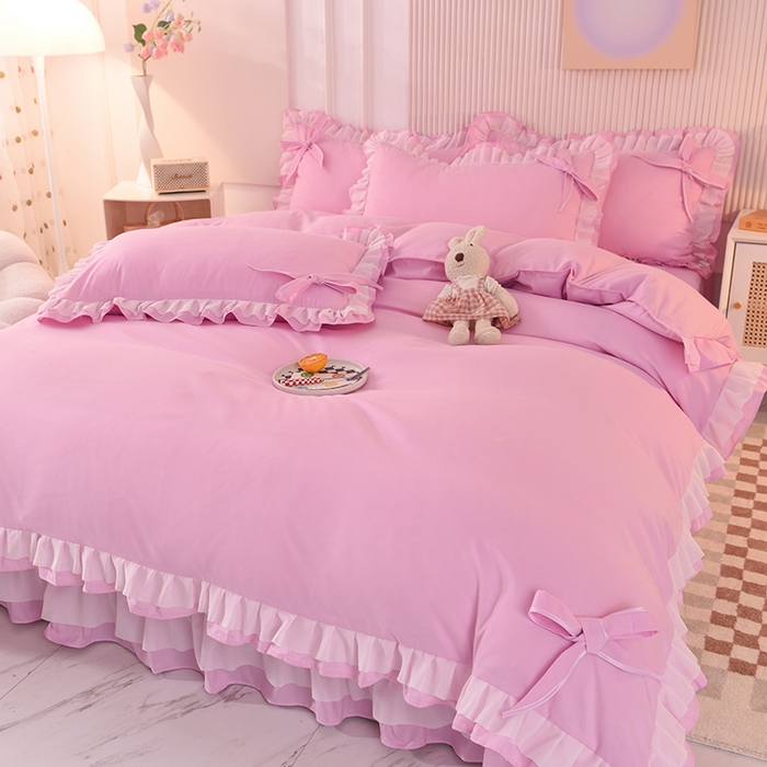 91家纺网 家纺一手货源 找家纺 后庭寝室 2025新款公主风亲肤磨毛蝴蝶结四件套-爱巢 爱巢-粉色