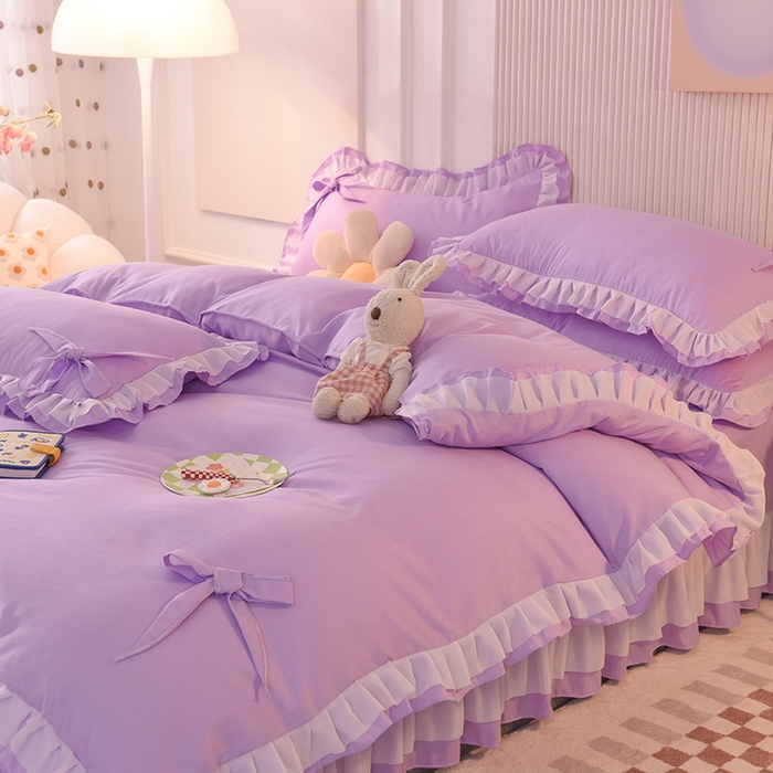 91家纺网 家纺一手货源 找家纺 后庭寝室 2025新款公主风亲肤磨毛蝴蝶结四件套-爱巢 爱巢-浅紫