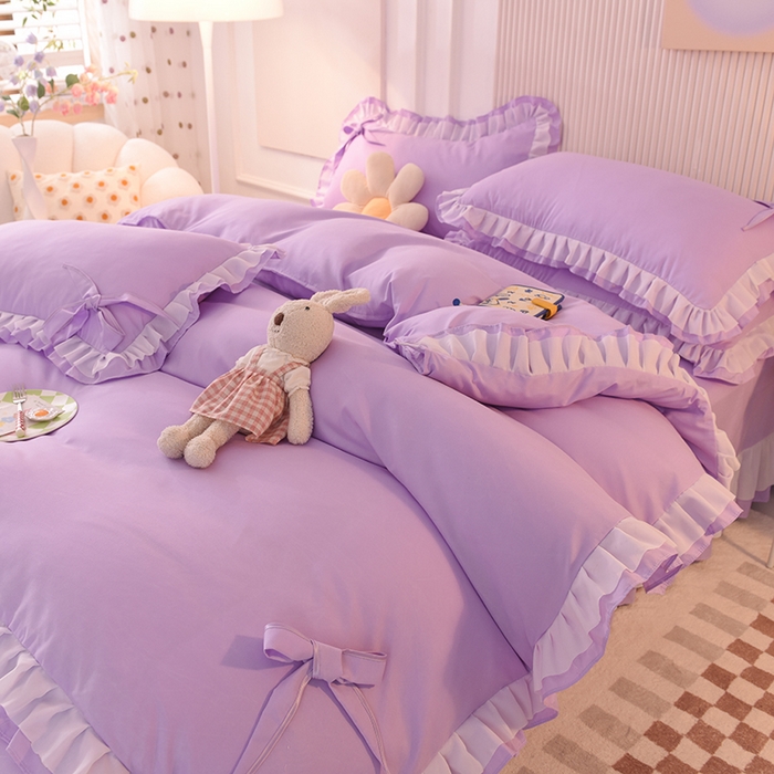 91家纺网 家纺一手货源 找家纺 后庭寝室 2025新款公主风亲肤磨毛蝴蝶结四件套-爱巢 爱巢-浅紫