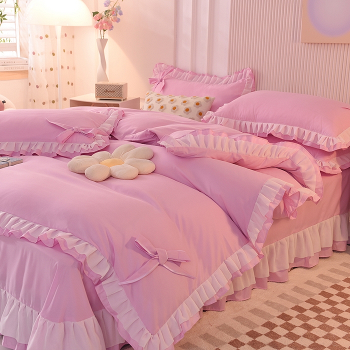 91家纺网 家纺一手货源 找家纺 后庭寝室 2025新款公主风亲肤磨毛蝴蝶结四件套-爱巢 爱巢-粉色