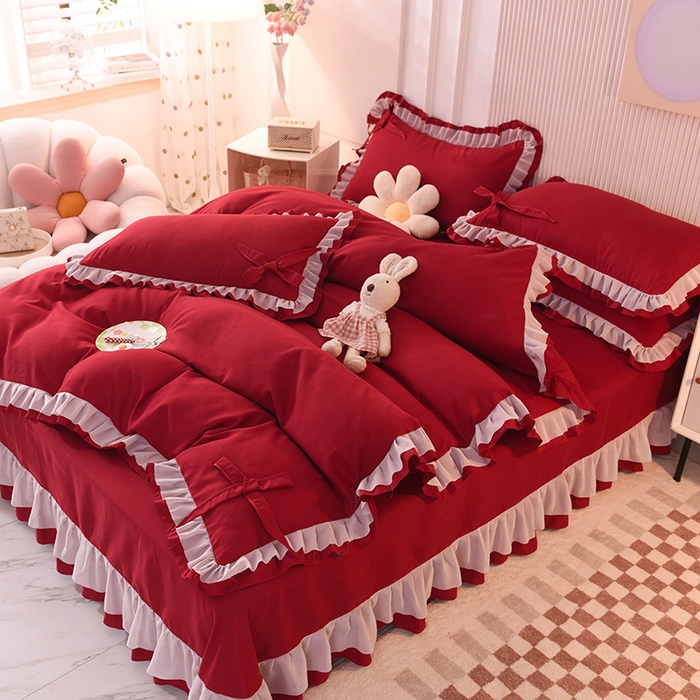 91家纺网 家纺一手货源 找家纺 后庭寝室 2025新款公主风亲肤磨毛蝴蝶结四件套-爱巢 爱巢-酒红