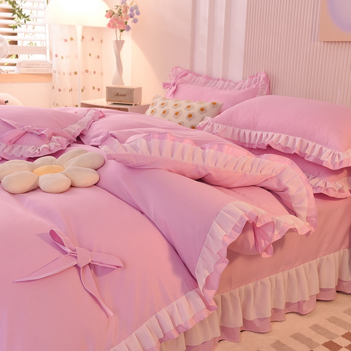 91家纺网 家纺一手货源 找家纺 后庭寝室 2025新款公主风亲肤磨毛蝴蝶结四件套-爱巢 爱巢-粉色