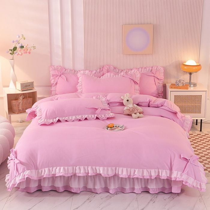 91家纺网 家纺一手货源 找家纺 后庭寝室 2025新款公主风亲肤磨毛蝴蝶结四件套-爱巢 爱巢-粉色