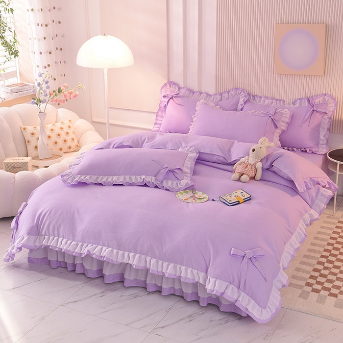 91家纺网 家纺一手货源 找家纺 后庭寝室 2025新款公主风亲肤磨毛蝴蝶结四件套-爱巢 爱巢-浅紫