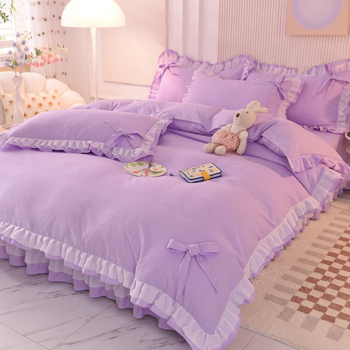 91家纺网 家纺一手货源 找家纺 后庭寝室 2025新款公主风亲肤磨毛蝴蝶结四件套-爱巢 爱巢-浅紫