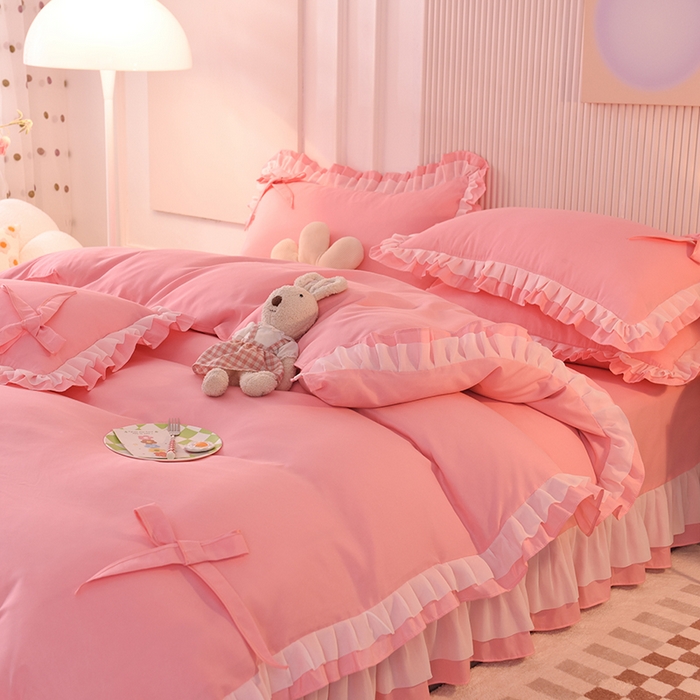 91家纺网 家纺一手货源 找家纺 后庭寝室 2025新款公主风亲肤磨毛蝴蝶结四件套-爱巢 爱巢-玉色