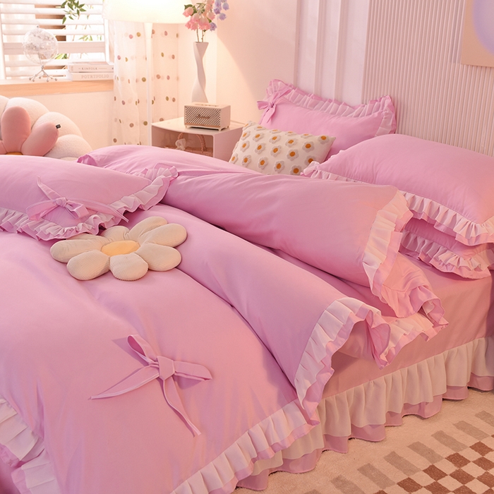 91家纺网 家纺一手货源 找家纺 后庭寝室 2025新款公主风亲肤磨毛蝴蝶结四件套-爱巢 爱巢-粉色